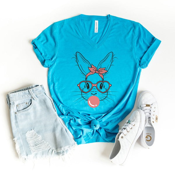 Easter Bunny with Bubble Gum Graphic V-Neck Tee