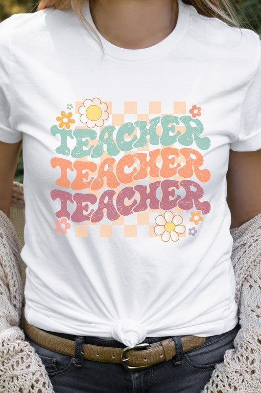 Checkered Pastel Teacher Echo Floral Graphic Tee