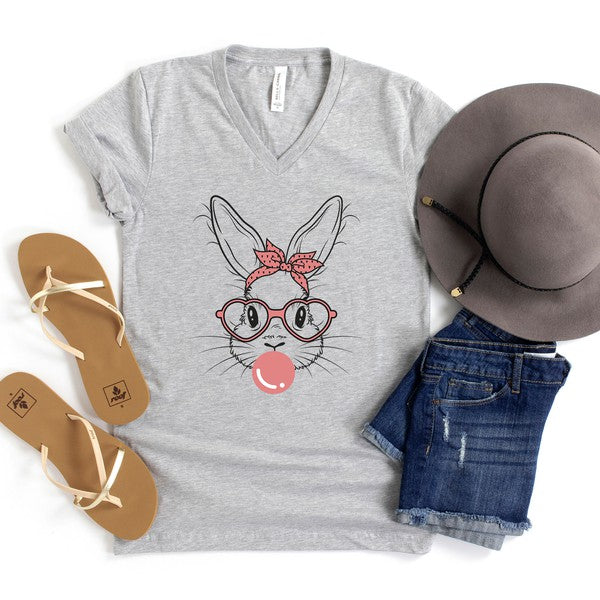 Easter Bunny with Bubble Gum Graphic V-Neck Tee