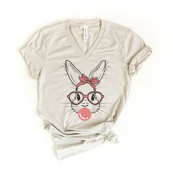 Easter Bunny with Bubble Gum Graphic V-Neck Tee