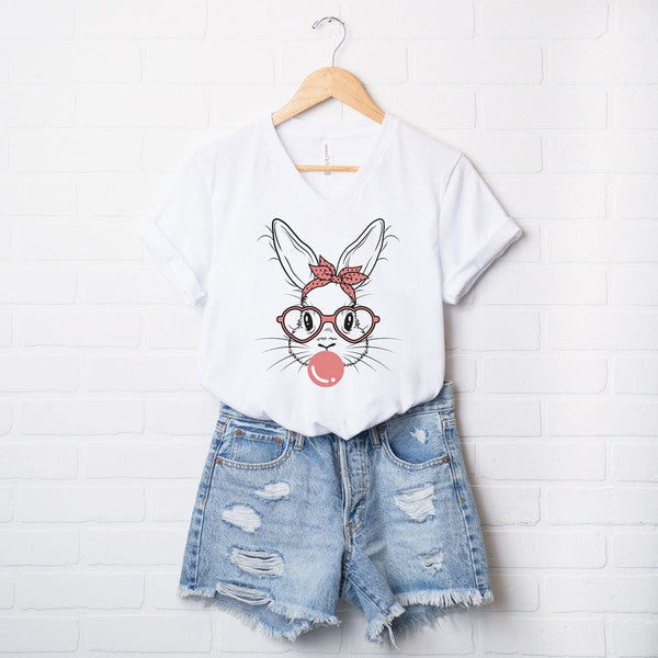 Easter Bunny with Bubble Gum Graphic V-Neck Tee