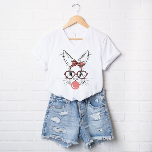 Easter Bunny with Bubble Gum Graphic V-Neck Tee