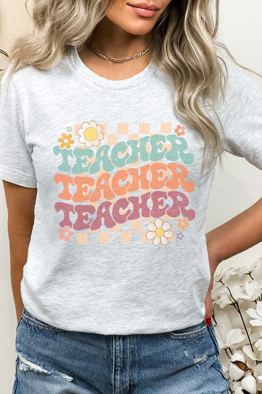 Checkered Pastel Teacher Echo Floral Graphic Tee