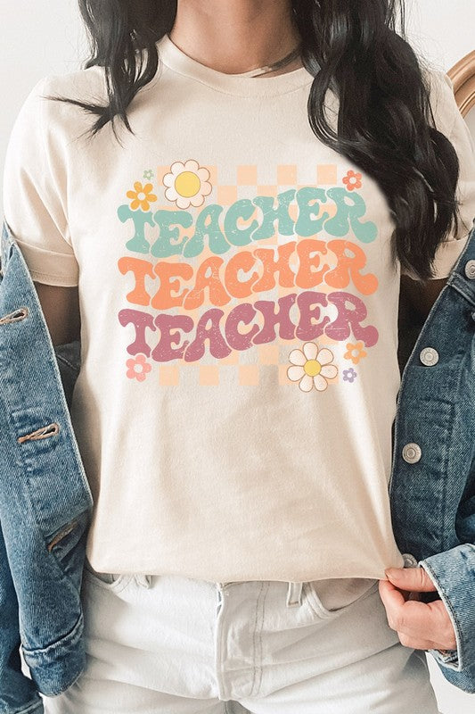 Checkered Pastel Teacher Echo Floral Graphic Tee