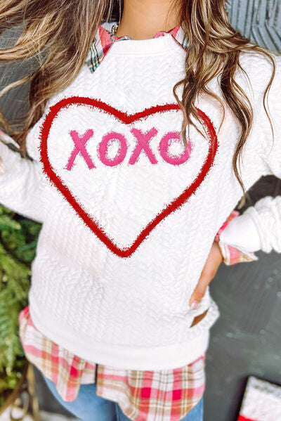 XOXO Heart Round Neck Dropped Shoulder Sweatshirt